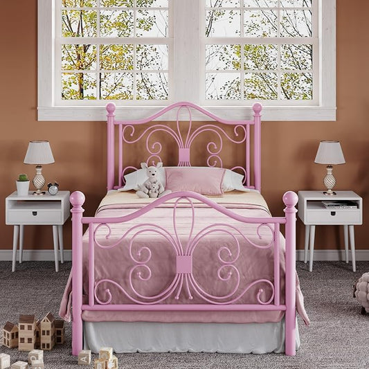 Allewie Twin Size Bed Frame with Headboard,Metal Bed Frame with Butterfly Pattern Design Headboard & Footboard,No Box Spring Needed,Easy Assembly,Pink