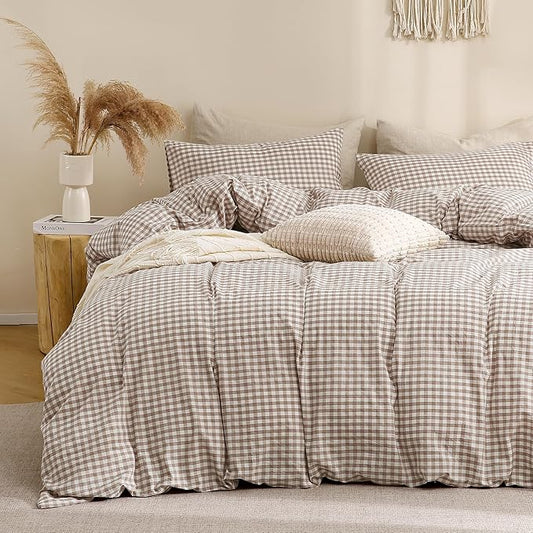 TOCOMOA Tan Gingham Duvet Cover Bedding Set 100% Washed Cotton Like Linen Feel Super Soft Comfy 3 Piece Brown Vintage Plaid Checkered Fall Comforter Cover Set (Full 80"x90", Comforter Not Included)