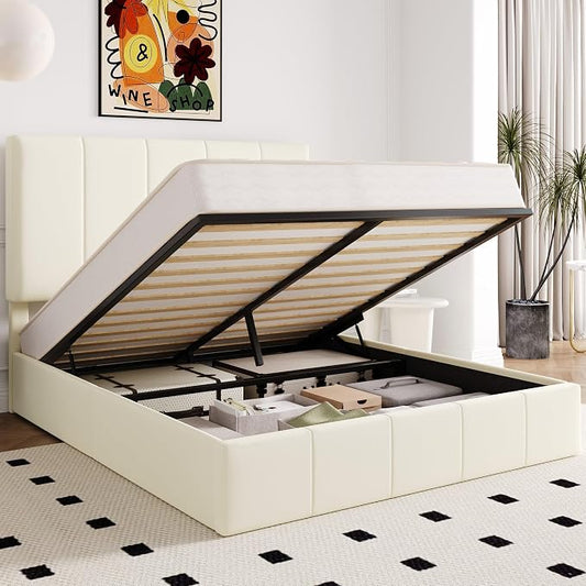 Allewie Queen Size Velvet Lift Up Storage Bed Frame, Vertical Channel Tufted Headboard, Hydrualic Underneath Storage, Upholstered Platform Bed, Wooden Slats Support, No Box Spring Needed, Cream