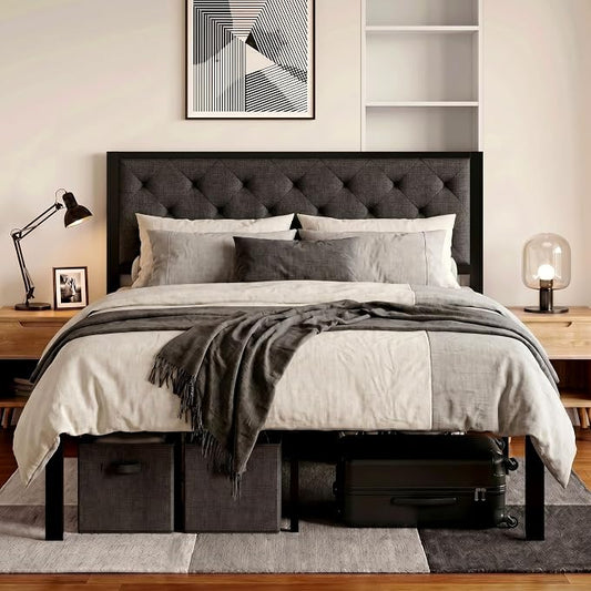 SHA CERLIN Queen Size Metal Platform Bed Frame,Linen Upholstered Button Tufted Headboard, Mattress Foundation with 12.4” Under-Bed Storage, Noise-Free, Easy Assembly, No Box Spring Needed, Dark Grey