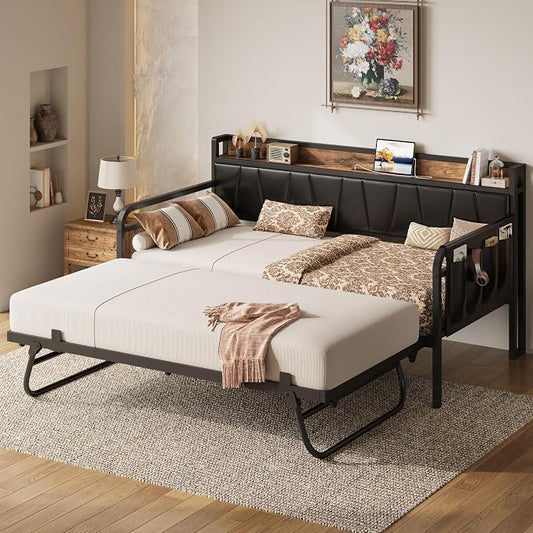 LIKIMIO Twin XL Daybed, Day Bed with Trundle, Storage Upholstered Headboard and Charging Station, Trundle Bed with Strong Supports for Living Room, Bedroom, and Guest Room, Black