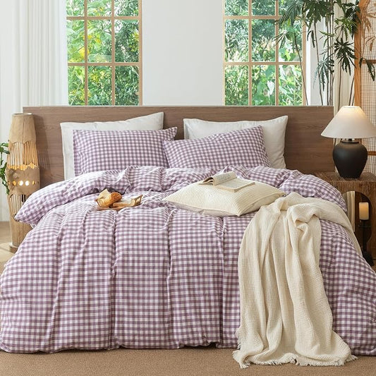 MooMee Gingham Duvet Cover Set 100% Washed Cotton Linen Like Textured Breathable Durable Soft Comfy Modern Checkered Design (Classic Gingham Light Purple, Full 80"x90")