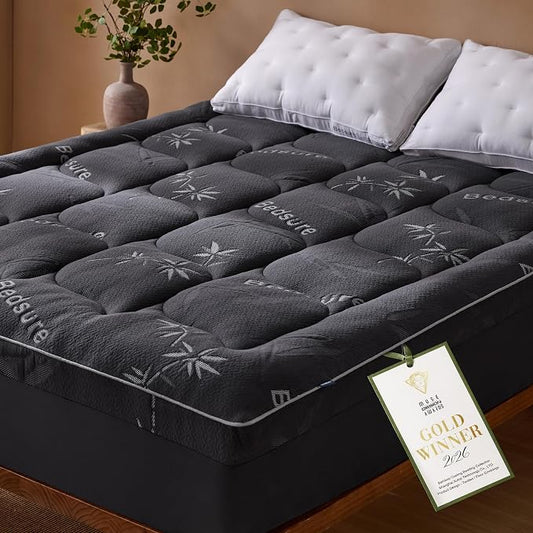 Bedsure Twin XL Mattress Topper - Viscose Made from Bamboo Ultra Soft Thick Fluffy Pillow Top Mattress Pad with 21 Inch Deep Pocket, Breathable, Moisture Wicking, Black, 39x80 Inch