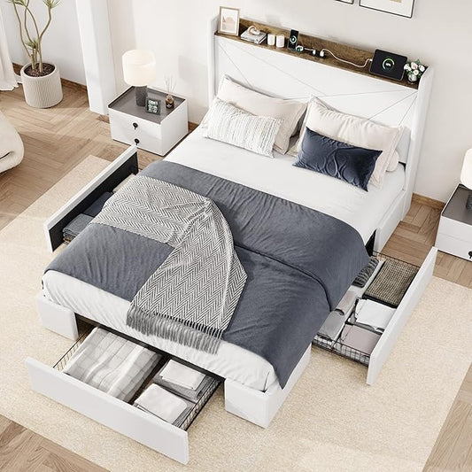 Allewie Full Size Velvet Bed Frame with 3 Storage Drawers, Upholstered Platform Bed with Wingback Storage Headboard and USB Ports, No Box Spring Needed, Easy Assembly, White