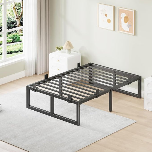 Twin Bed Frames, 18 Inch Metal Platform Bed Frame with Squeak Free U-Slot Design, 6 Non-Slip Guards, 3500lbs Heavy Duty Steel Slat Support, No Box Spring Needed, Under Bed Storage, Black