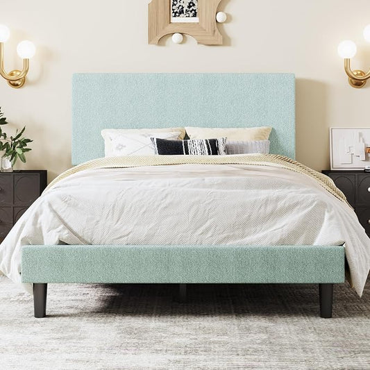 SHA CERLIN Queen Size Platform Bed Frame with Adjustable Headboard and Wooden Slats Support, Boucle Upholstered Mattress Foundation, No Box Spring Needed, Easy Assembly, Ice Blue