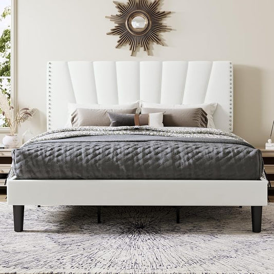 Allewie King Size Bed Frame with Adjustable Velvet Upholstered Headboard, Rivet-Style Nailhead Trim Detail Platform Bed Frame, Wooden Slat Support, No Box Spring Needed, Easy Assembly, White