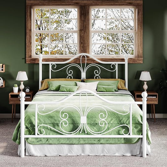Allewie Queen Size Bed Frame with Headboard,Metal Bed Frame with Butterfly Pattern Design Headboard & Footboard,No Box Spring Needed,Easy Assembly,White