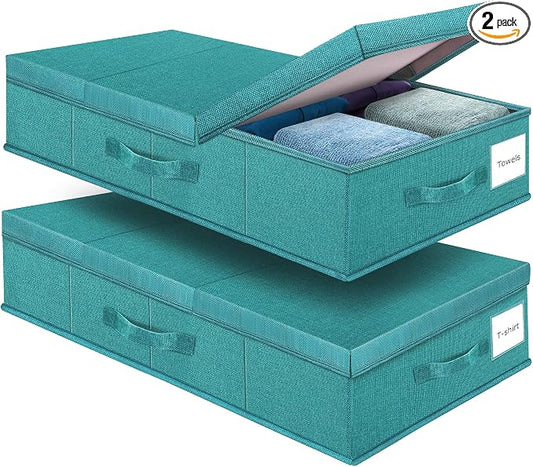 Supowin Underbed Storage Containers Bin with Lids (2pcs) Large Under Bed Storage Organizer Box with Handle, Foldable Under the Storage Bags for Organizing Clothes, Shoes, Blankets, Pillows-Cyan blue