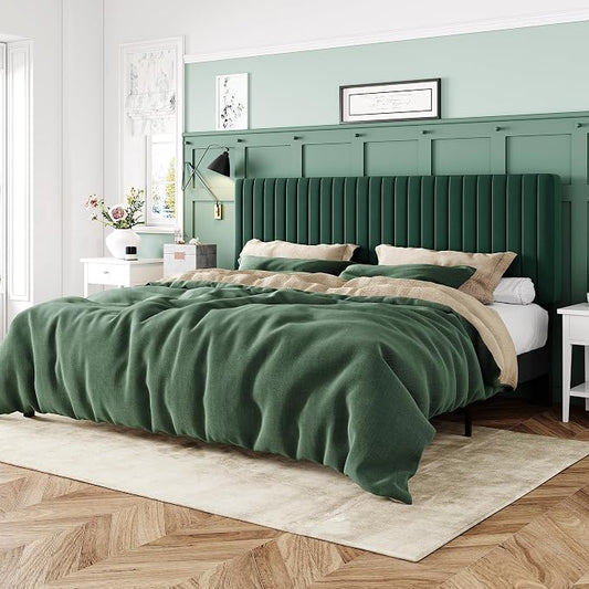 Allewie King Bed Frame, Velvet Upholstered Platform Bed with Adjustable Vertical Channel Tufted Headboard, Mattress Foundation with Strong Wooden Slats, Box Spring Optional, Easy Assembly, Green