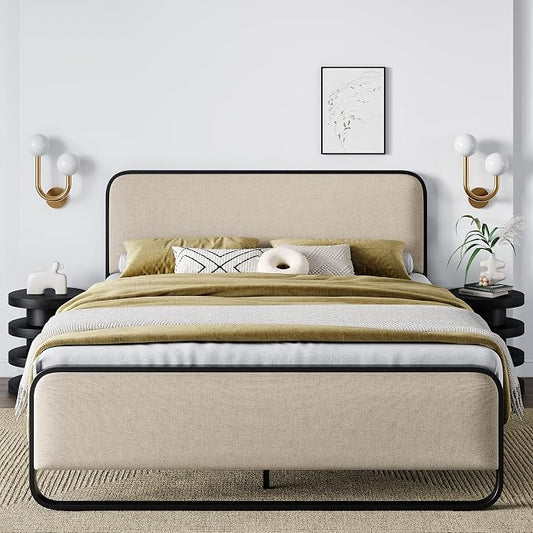 Allewie Queen Size Metal Bed Frame with Curved Upholstered Headboard and Footboard, Platform Bed Frame with 12.4'' Under Bed Storage, No Box Spring Needed, Vintage, Beige
